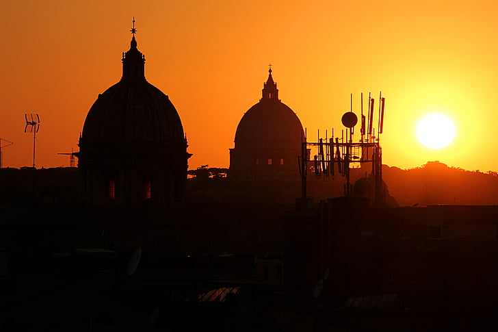 silhouet, zonsondergang, stad, Rome