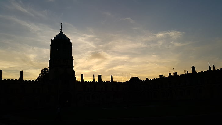 solnedgång, Oxford, tornet, siluett, slott, kvällen, idylliska