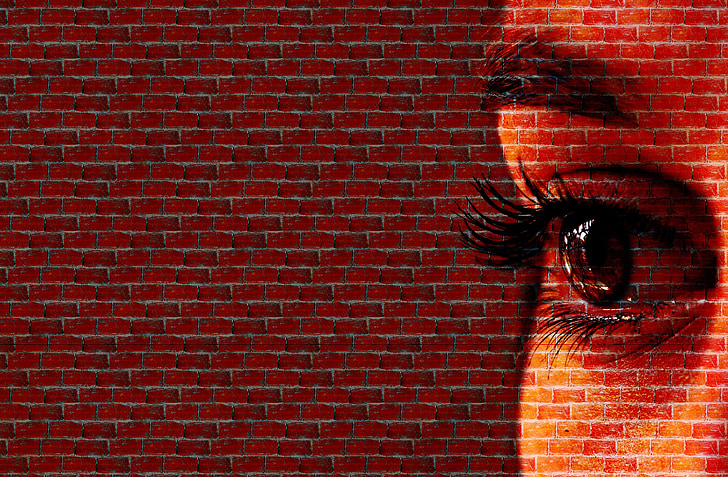 woman, face, wall, view, eyes, direction, brick