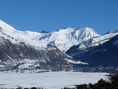 mountain, snowy, valley, village, alps, calm, landscape