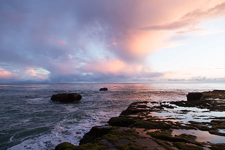 sunset, sky, clouds, beach, rocks, shore, waves