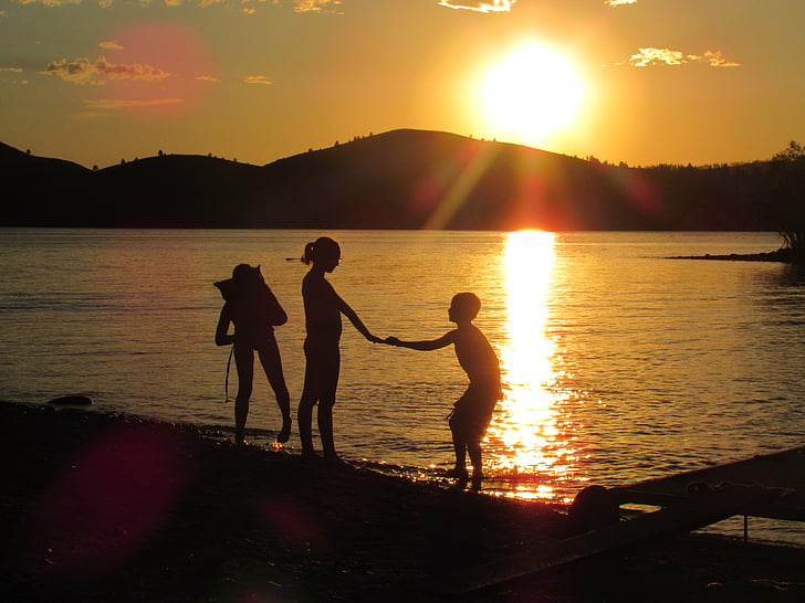 summer fun, lake, cousins, sunset, water, nature, young