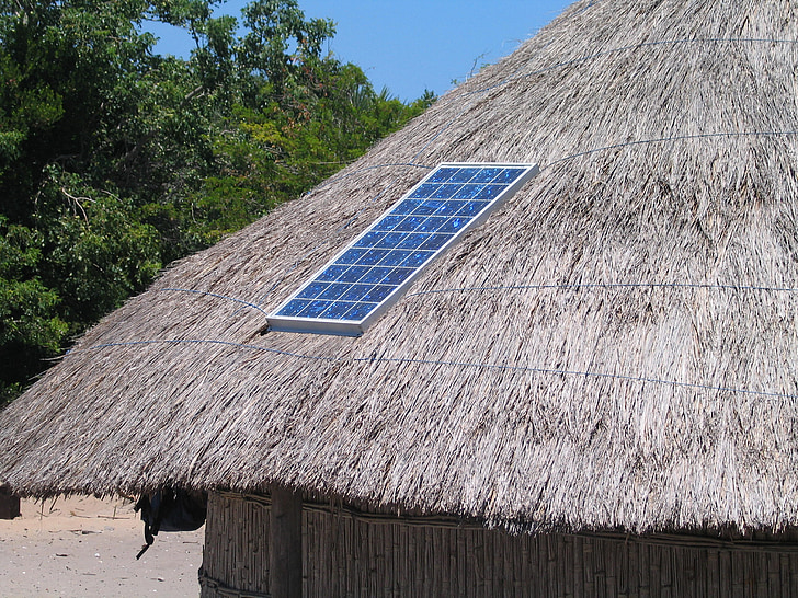 roof, straw, hut, solar, panel, alternative, energy