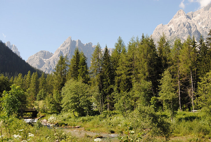 landskap, Dolomiterna, bergen, träd, Dolomiti di sesto, vandring, Italien