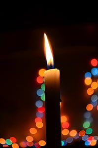candle, bokeh, christmas, lights, blue, wax candle, candlelight