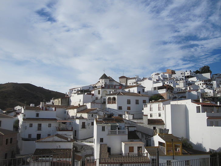 Andaluzia, Spania, munte, case, case albe, aer, albastru