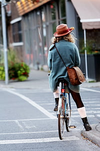 velosipēdu, velosipēds, velosipēdists, sievietes, persona, iela, sieviete