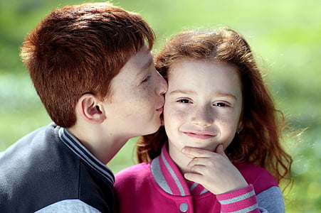 brother, sister, red hair, freckles, kiss, love, pair