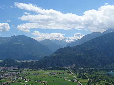alpine, mountains, switzerland, interlaken, lake, clouds, sky