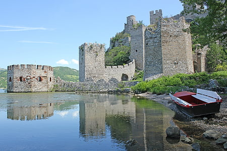 Đerdap, Serbie, Château, rivière, vieux, forteresse, bateau