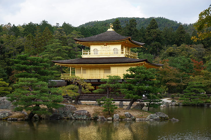 arquitetura, edifício, Japão, Kinkaku-ji, Kyoto, Lago, paisagem