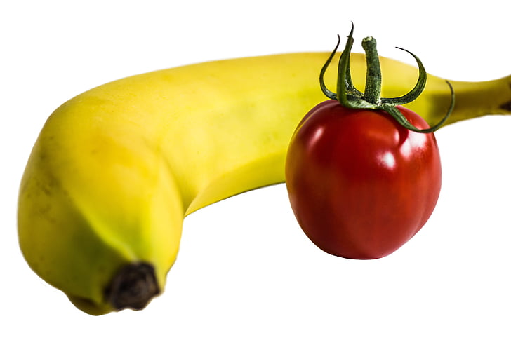 banan, tomat, frukt, isolerade, bananer, tomater, Bush tomat