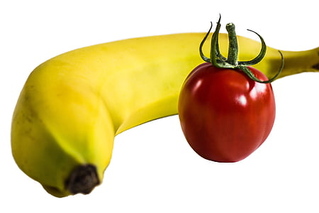 plátano, tomate, fruta, aislado, bananos, tomates, Bush tomate
