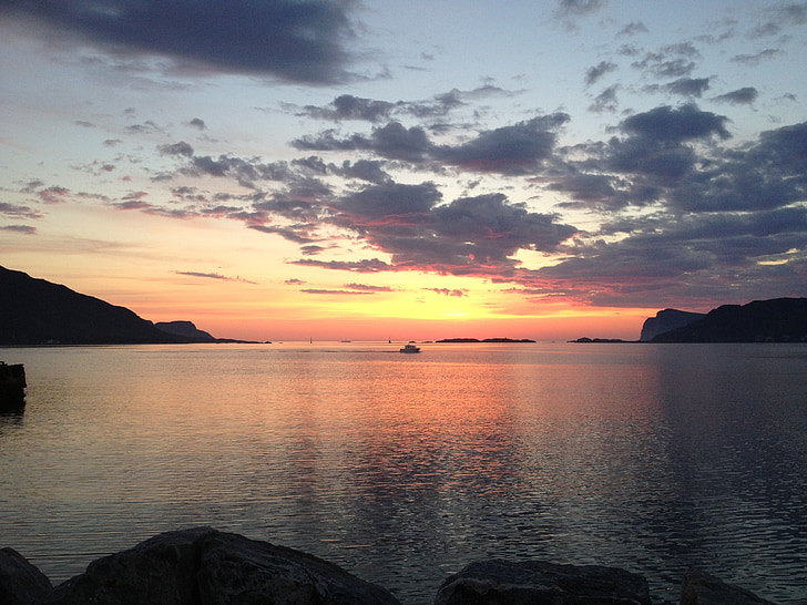zalazak sunca, fosnavåg, Norveška, more, ribarski brod, svjetlo