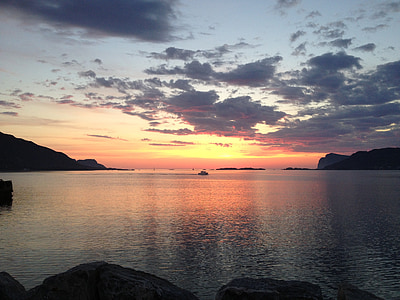 matahari terbenam, fosnavåg, Norwegia, laut, perahu nelayan, cahaya
