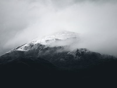 black-and-white, cold, fog, gray, mountain, nature, snow