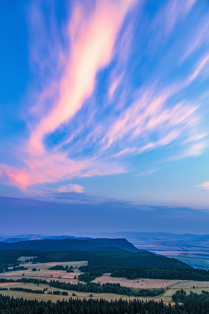 cloudscape, landscape, hills, view, panorama, sky, pink