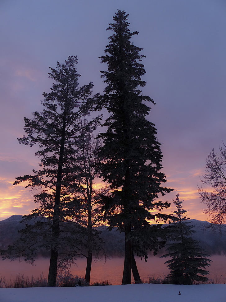 lever du soleil, tôt le matin, eau, montagne, magie d’hiver, Sommet de la montagne, paysage