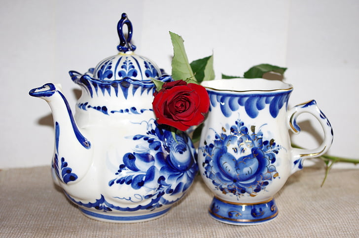 porcelain, gzhel, rose, maker, cup