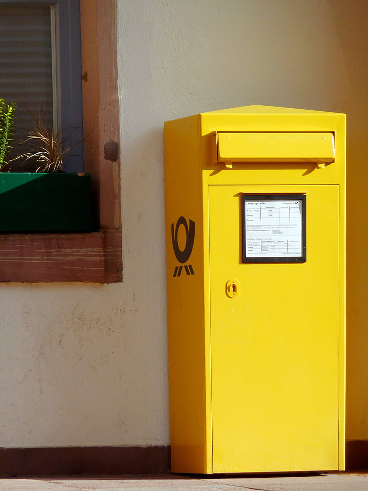 mailbox, post, letter boxes, letter box, postbox, post horn, yellow