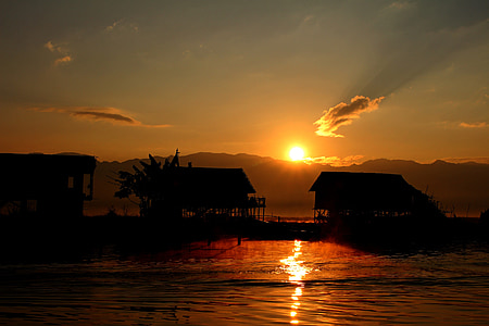 floating house, sunrise, inle lake, inle, myanmar, burma, lake