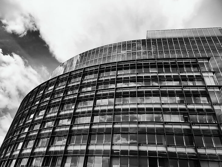 architectural design, architecture, black and-white, building, business, city, clouds
