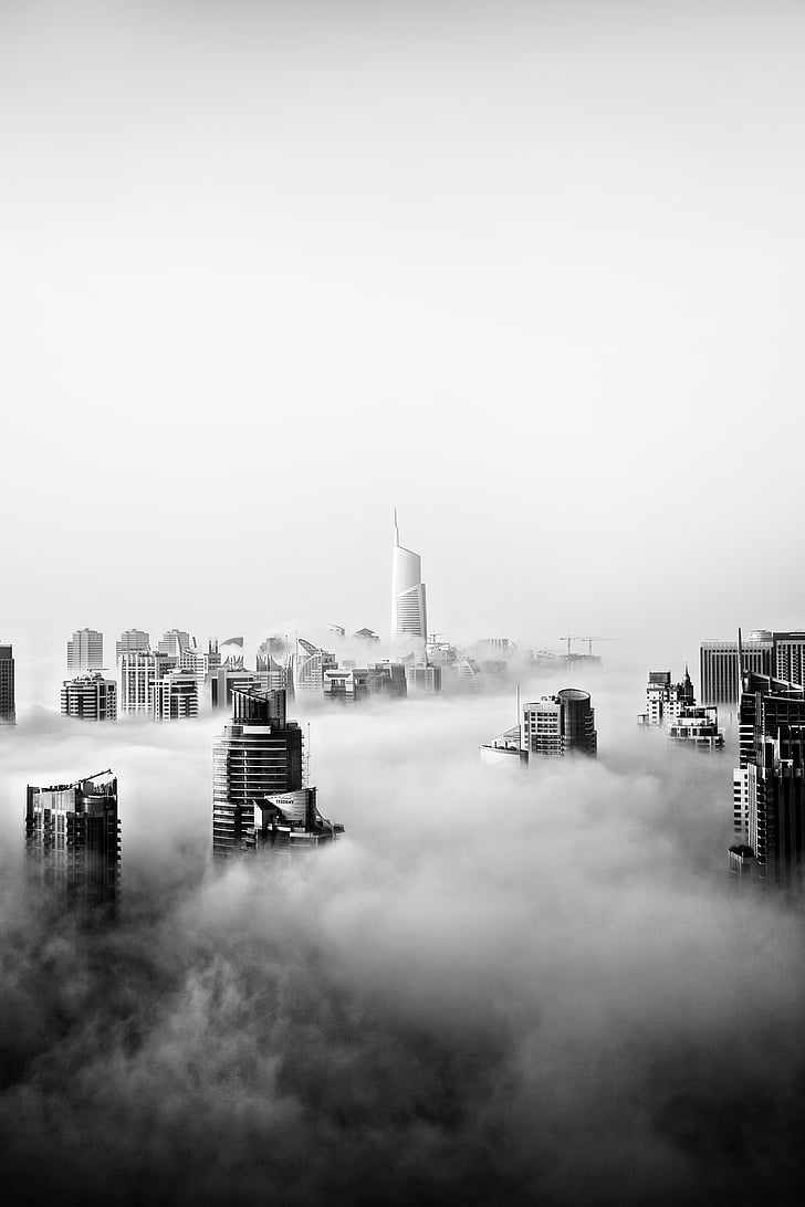 Architektúra, budovy, mesto, Panoráma mesta, oblaky, Dawn, Dubaj