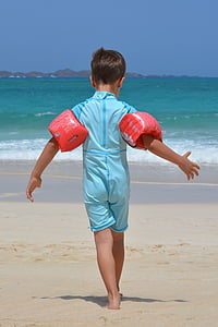 男孩, 海滩, 海, 橡胶圈, uv 套装, 儿童, 人