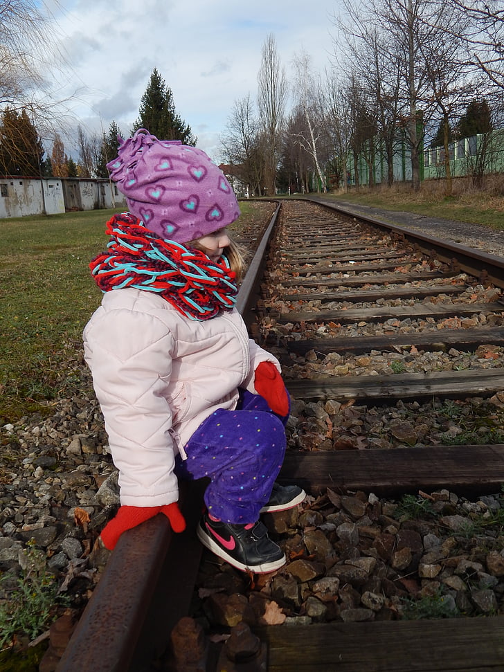 child, baby girl, track, landscape, winter