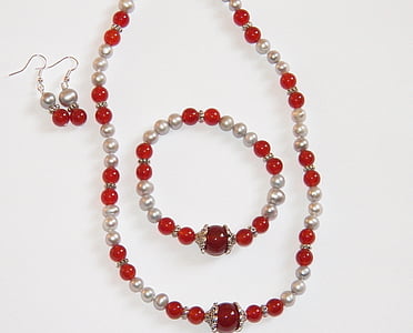 rød karneol, halskæde, armbånd, smykker, kvinde, perle, øreringe