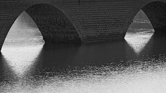 bridges, arches, lake, reflections, contrast, light and shade, stone arch